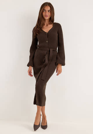 Rib Knitted Cardigan Dress Brown