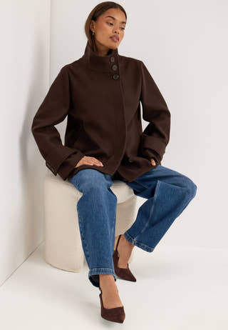High Neck Short Coat Brown