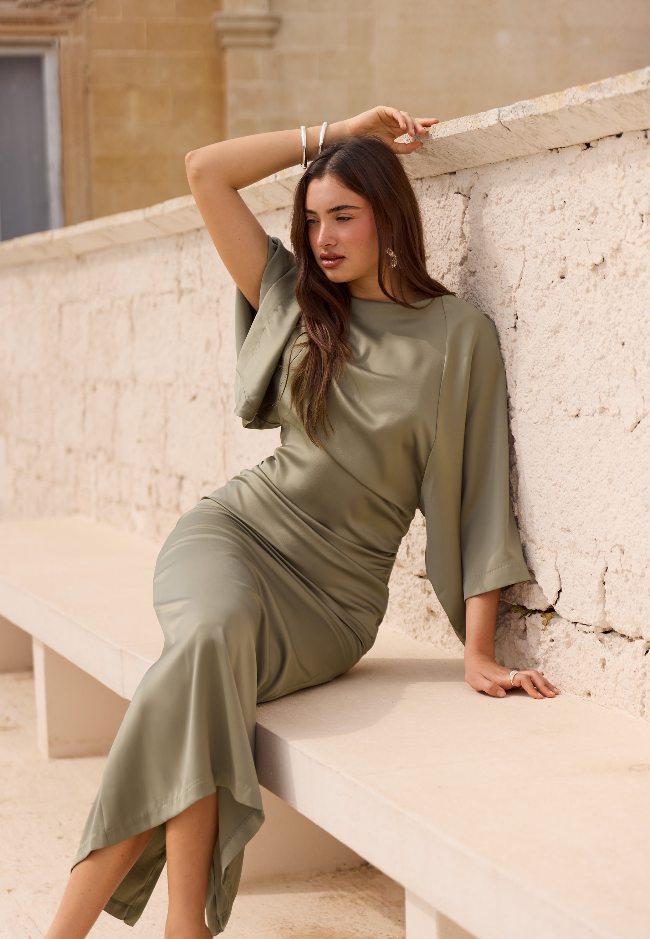 Wide Sleeve Satin Ankle Dress
