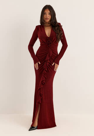 Sparkling Low V-neck Slit Gown Red
