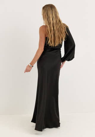 One Shoulder Satin Gown Black