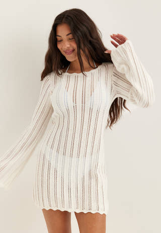 Boat Neck Structure Knitted Short Dress