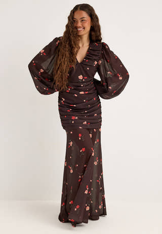 Balloon Sleeve Chiffon Maxi Dress Patterned