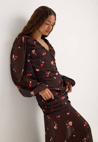 Balloon Sleeve Chiffon Maxi Dress Patterned