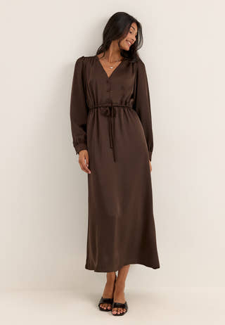 Satin Puff Sleeve Maxi Dress Brown
