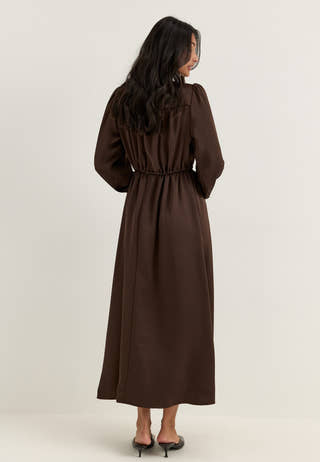 Satin Puff Sleeve Maxi Dress Brown