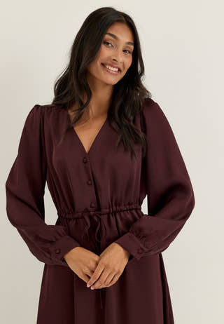 Satin Puff Sleeve Maxi Dress Red
