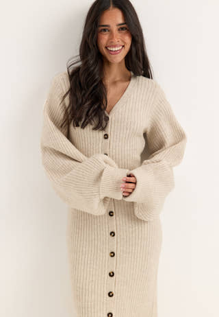 Knitted Volume Sleeve Cardigan Dress White