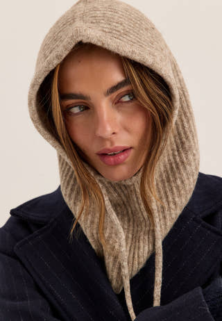 Wool Blend Knitted Balaclava Beige