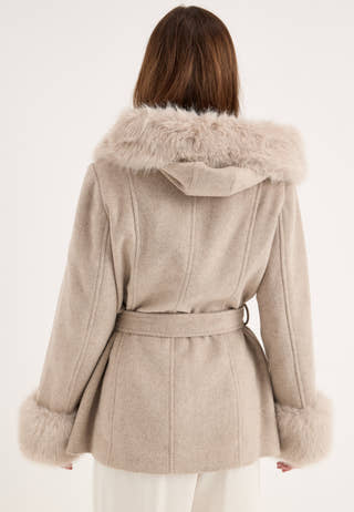 Hooded Wool Blend Coat Beige