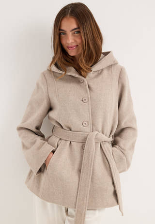 Hooded Wool Blend Coat Beige