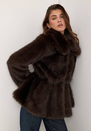 Short Peplum Faux Fur Coat Brown