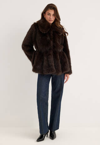 Short Peplum Faux Fur Coat Brown
