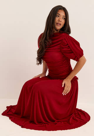 Draped Ruched Ankle Dress Red