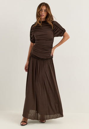 Draped Ruched Ankle Dress Brown