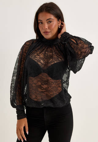 High Neck Lace Blouse Black