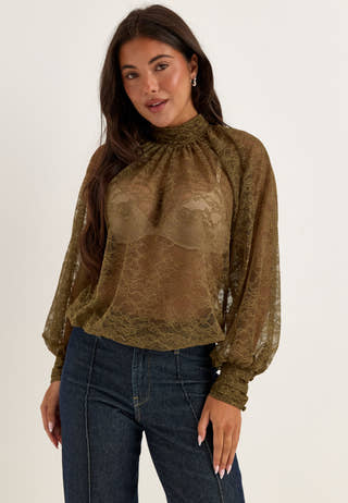 High Neck Lace Blouse Green