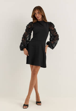 3D Floral Sleeve Dress Black