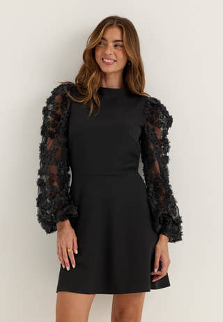 3D Floral Sleeve Dress Black