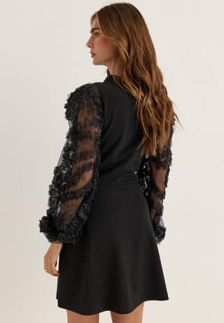 3D Floral Sleeve Dress Black