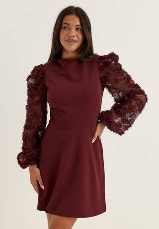 3D Floral Sleeve Dress Red