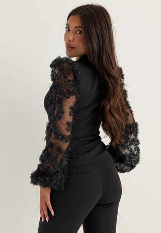 3D Floral Sleeve Top Black