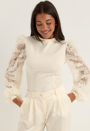 3D Floral Sleeve Top White