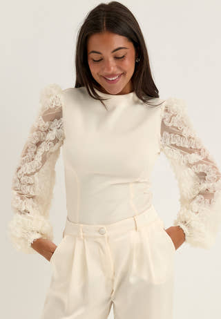 3D Floral Sleeve Top White