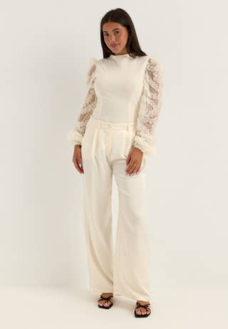 3D Floral Sleeve Top White