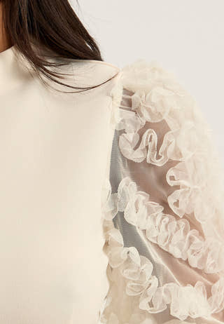 3D Floral Sleeve Top White