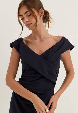 Off Shoulder Pleat Gown Blue