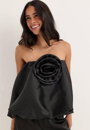 Rose Bubble-Hem Satin Mini Skirt/Top Black