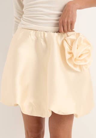 Rose Bubble-Hem Satin Mini Skirt/Top White