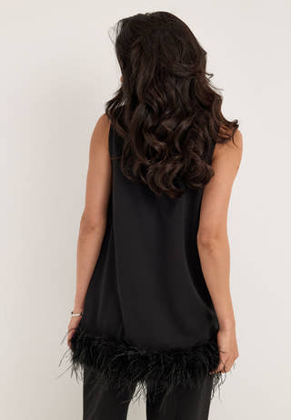 Feather-Hem Sleveless Tunic Black
