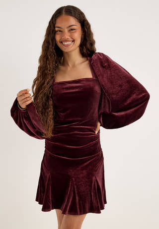 Flared Velvet Short Dress Red