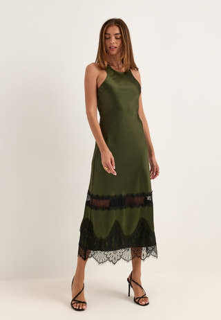 Onlindona S/L Long Lace Satin Dress Green
