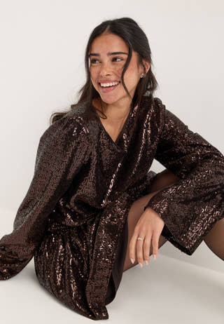 Sequin Ruched Mini Dress Brown