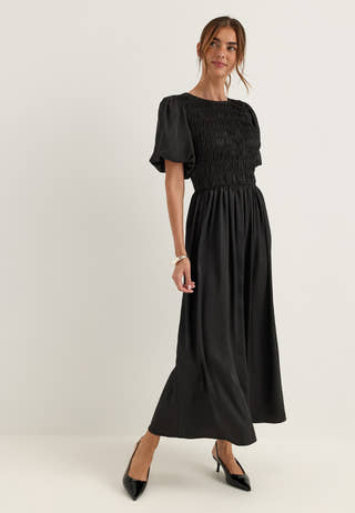 Smock Satin Maxi Dress Black