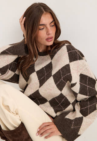 Pcalva Ls Loose O-neck Check Knit Brown