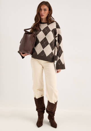 Pcalva Ls Loose O-neck Check Knit Brown