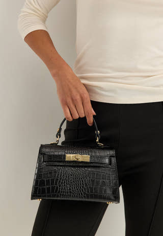 Trento Croco Printed Leather Bag Black