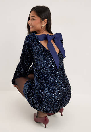 Pckammy Ls Deep Back Bow Dress Blue
