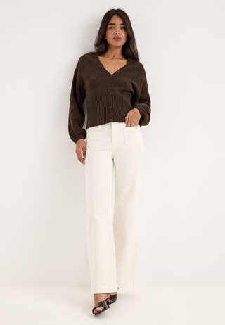 Pcsally Ls V-neck Button Knit Brown