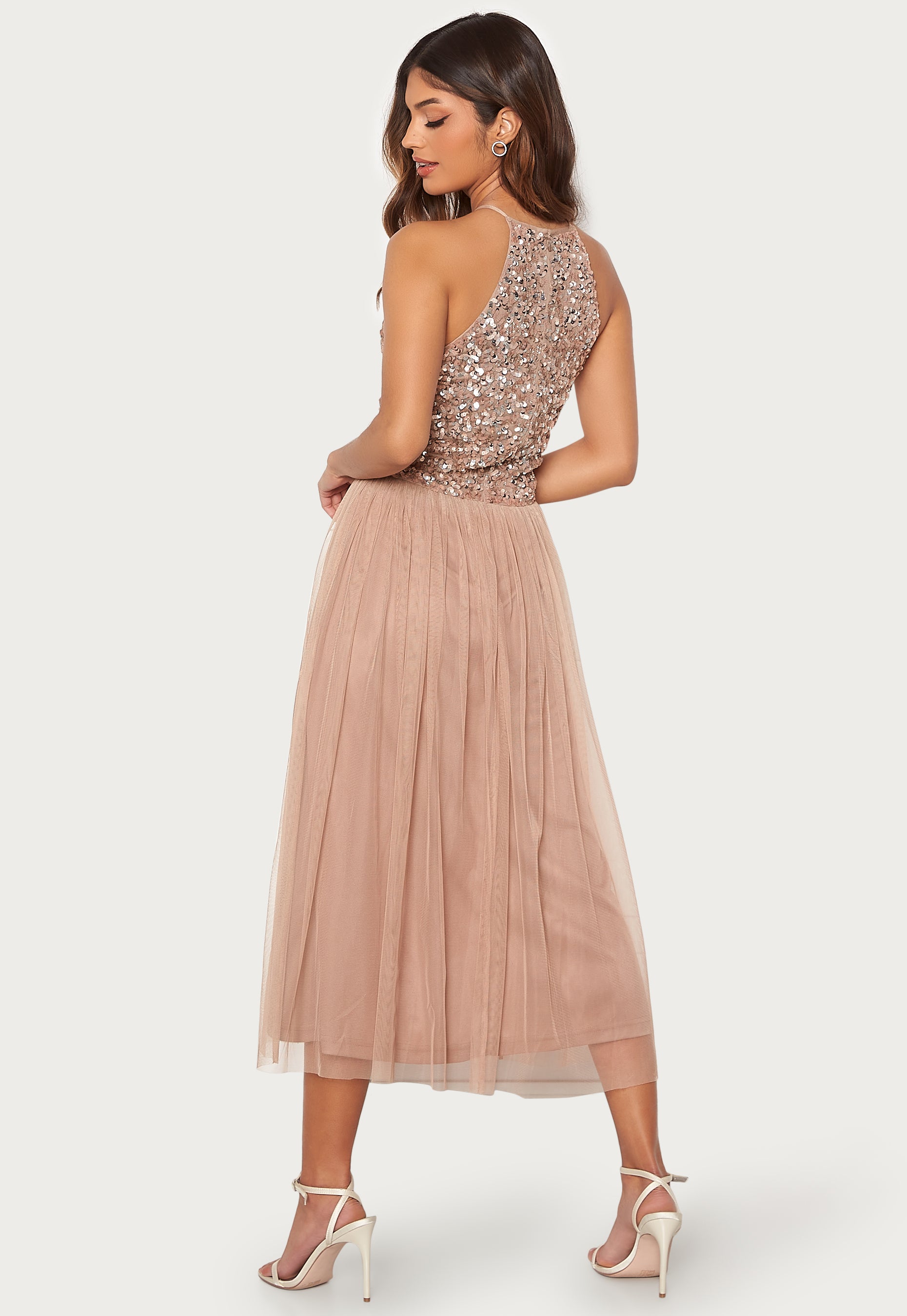 angeleye sequin dress Sequin Faux Wrap Long Sleeves Cocktail Midi Dress in Black | ANGELEYE
