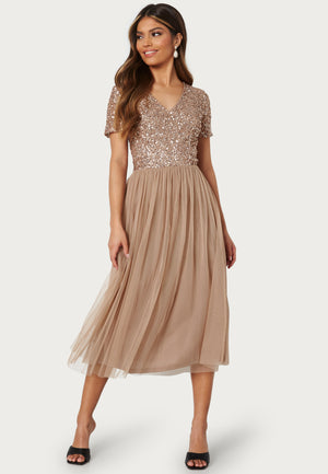 Short Sleeve Sequin Embellished Midi Dress