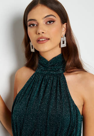 Sparkle High Neck Rouch Midi Dress