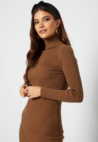 Roll Neck Rib Knit Midi Dress