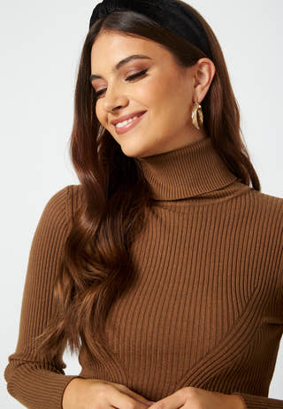 Roll Neck Rib Knit Midi Dress