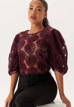 3D Flower Puff Sleeve Bluse