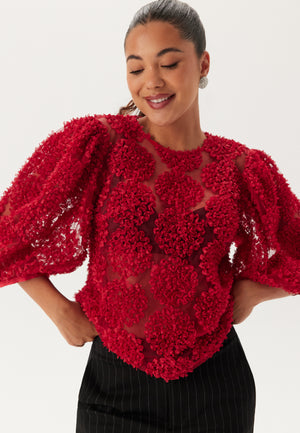 3D Flower Puff Sleeve Bluse